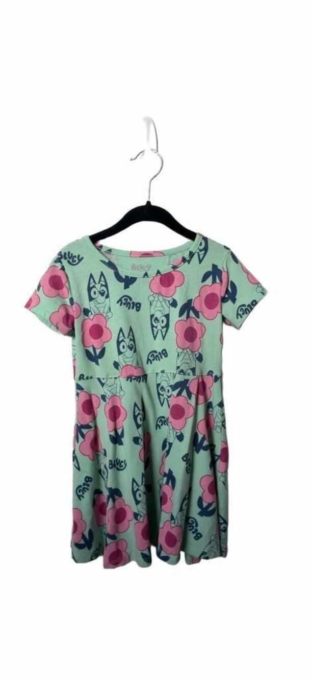 Bluey Toddler Girl Short Sleeve  Skater Dress Mint Green Floral_K33